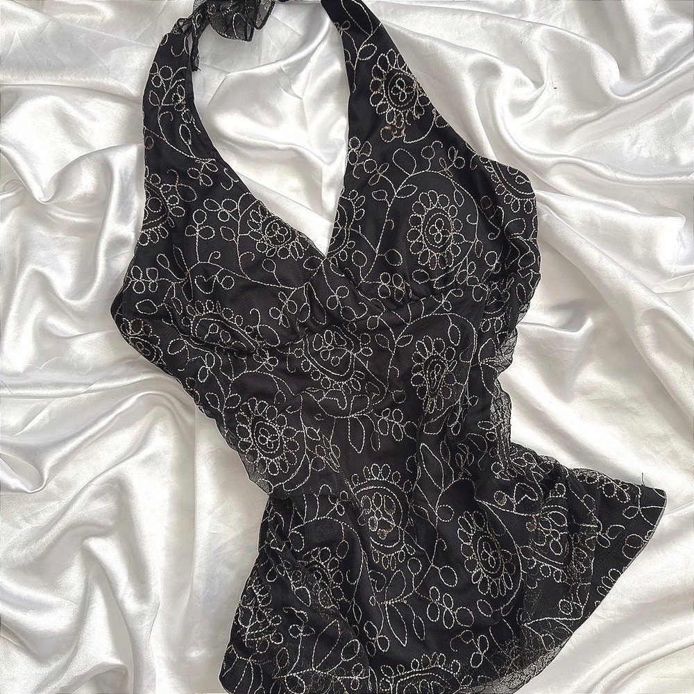 Heart & Soul Black Mesh Floral Embroidered Halter Top XL 2059FY02